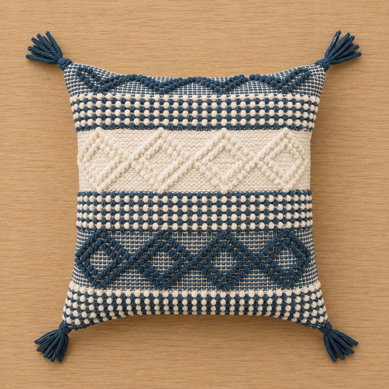 Handwoven blue and ivory boho cushion cover with geometric textured patterns and decorative tassels, displayed on a wooden background.